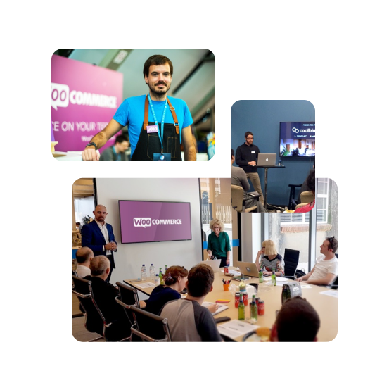 A collage of images including a presenter demonstrating WooCommerce features in a modern office setting at a meetup event, a presenter giving a talk, and a person manning a WooCommerce booth.